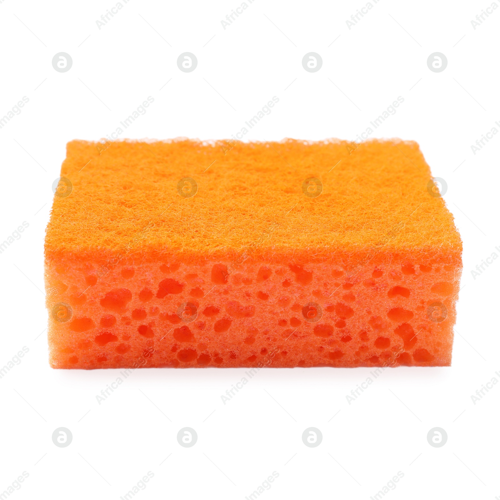 Photo of One orange sponge isolated on white. Cleaning tool