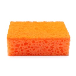 Photo of One orange sponge isolated on white. Cleaning tool