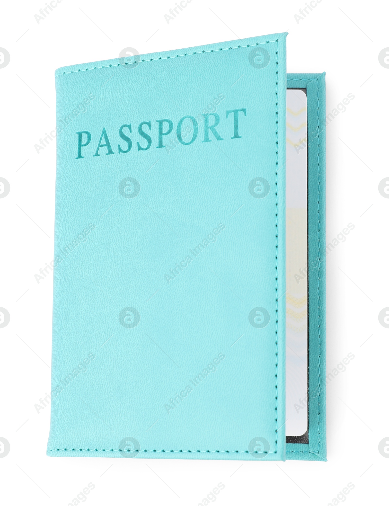 Photo of Passport in bright cover isolated on white, top view