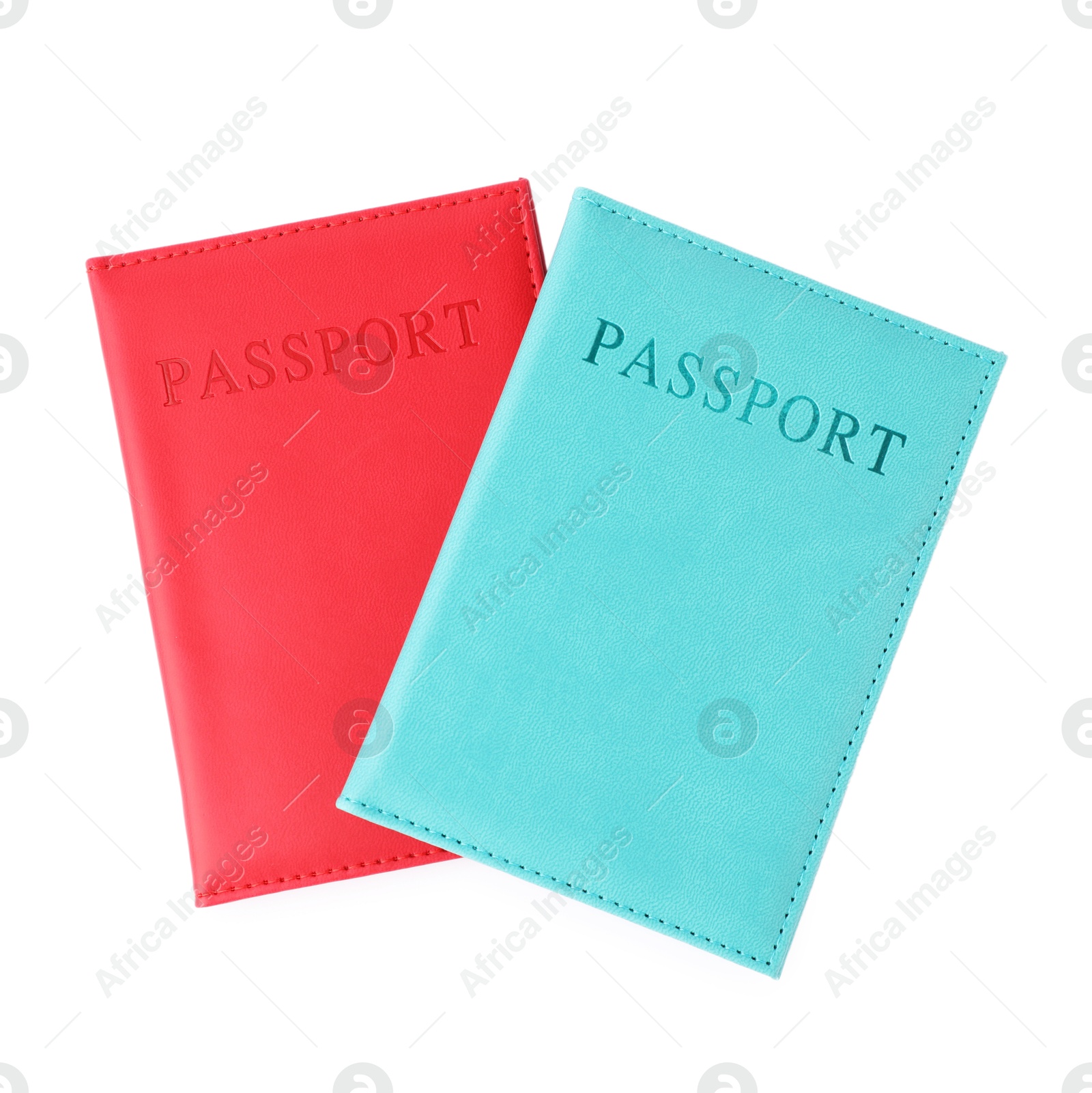 Photo of Passports in bright covers isolated on white, top view