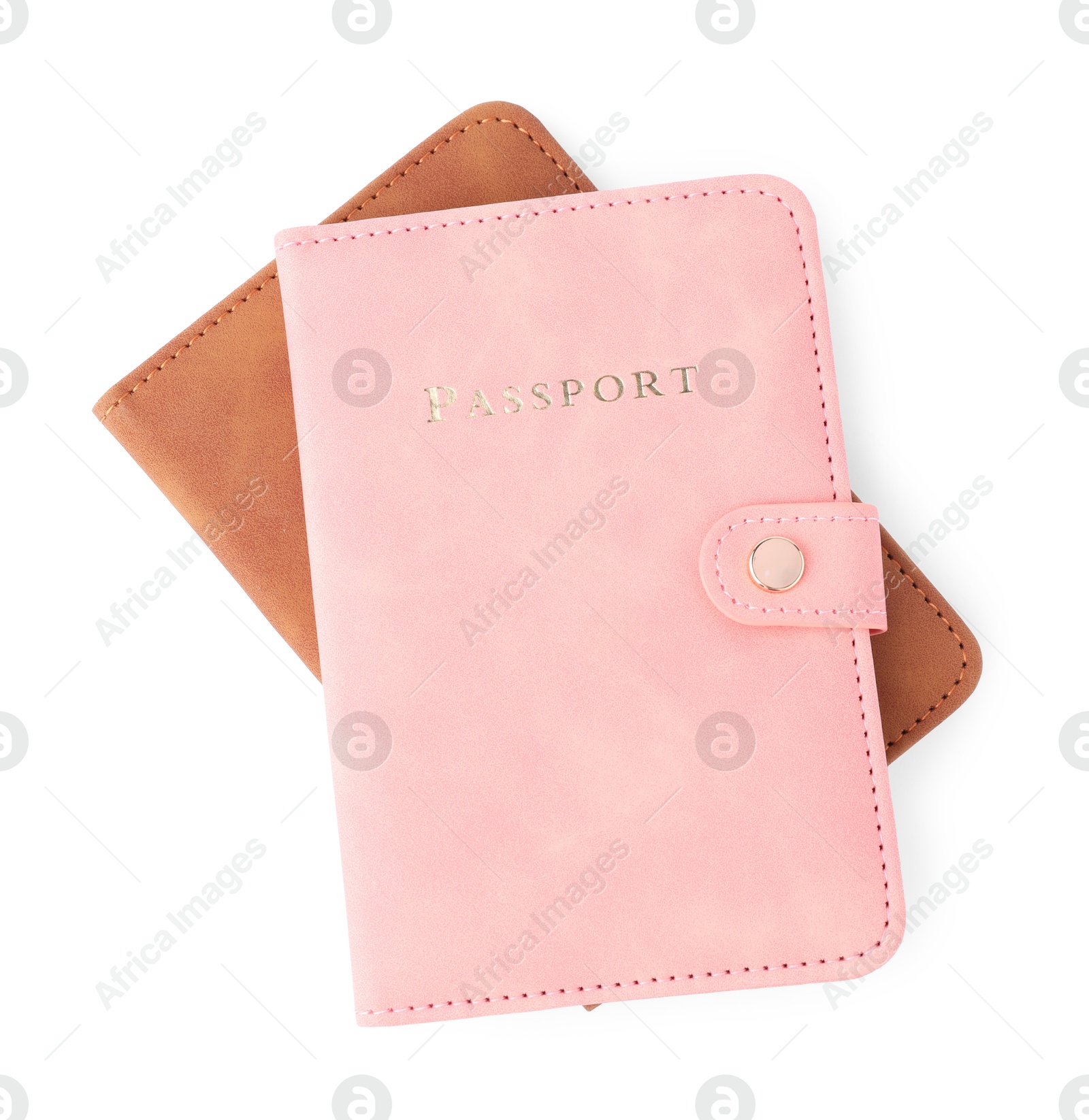 Photo of Passports in bright covers isolated on white, top view