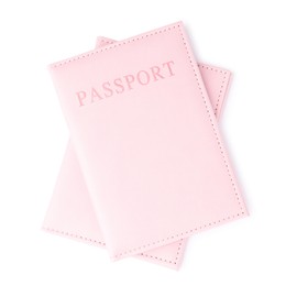 Photo of Passports in bright covers isolated on white, top view