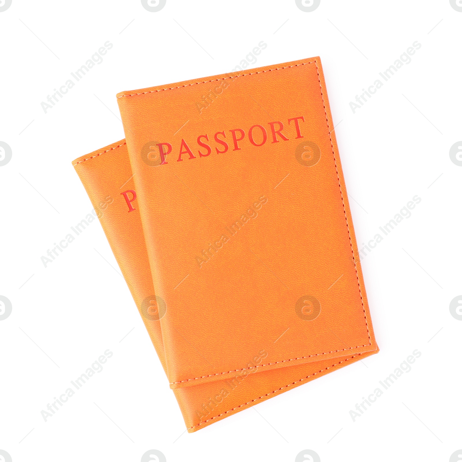 Photo of Passports in bright covers isolated on white, top view