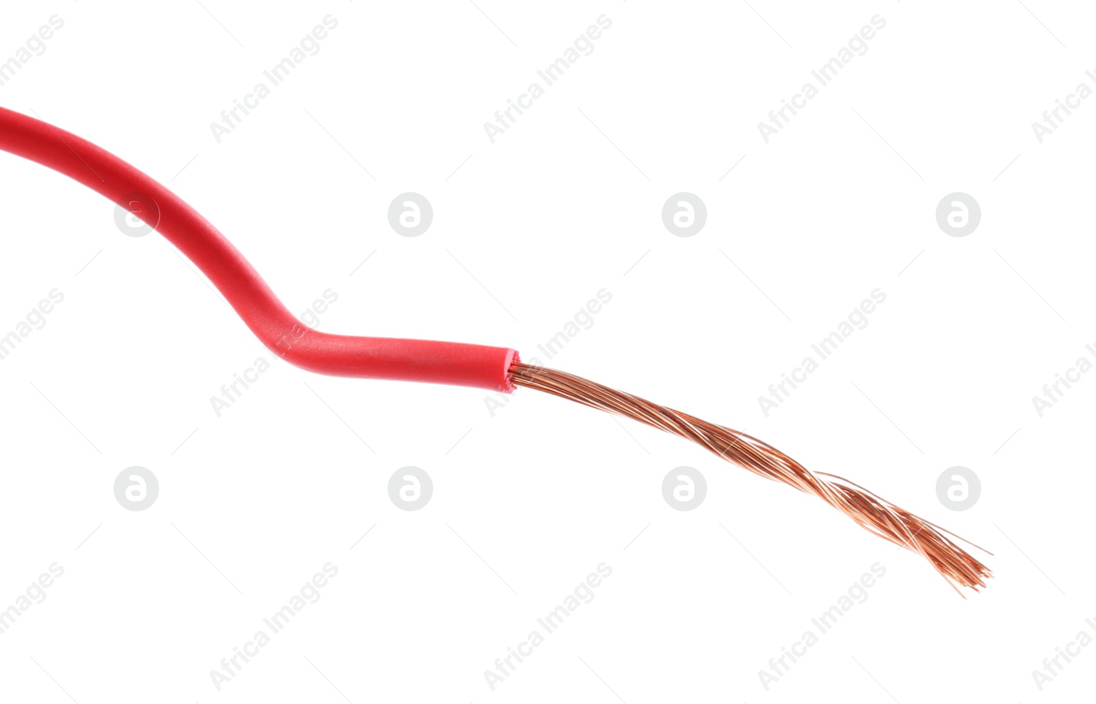 Photo of Red stripped electrical wire with copper strands on white background