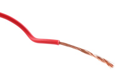 Photo of Red stripped electrical wire with copper strands on white background