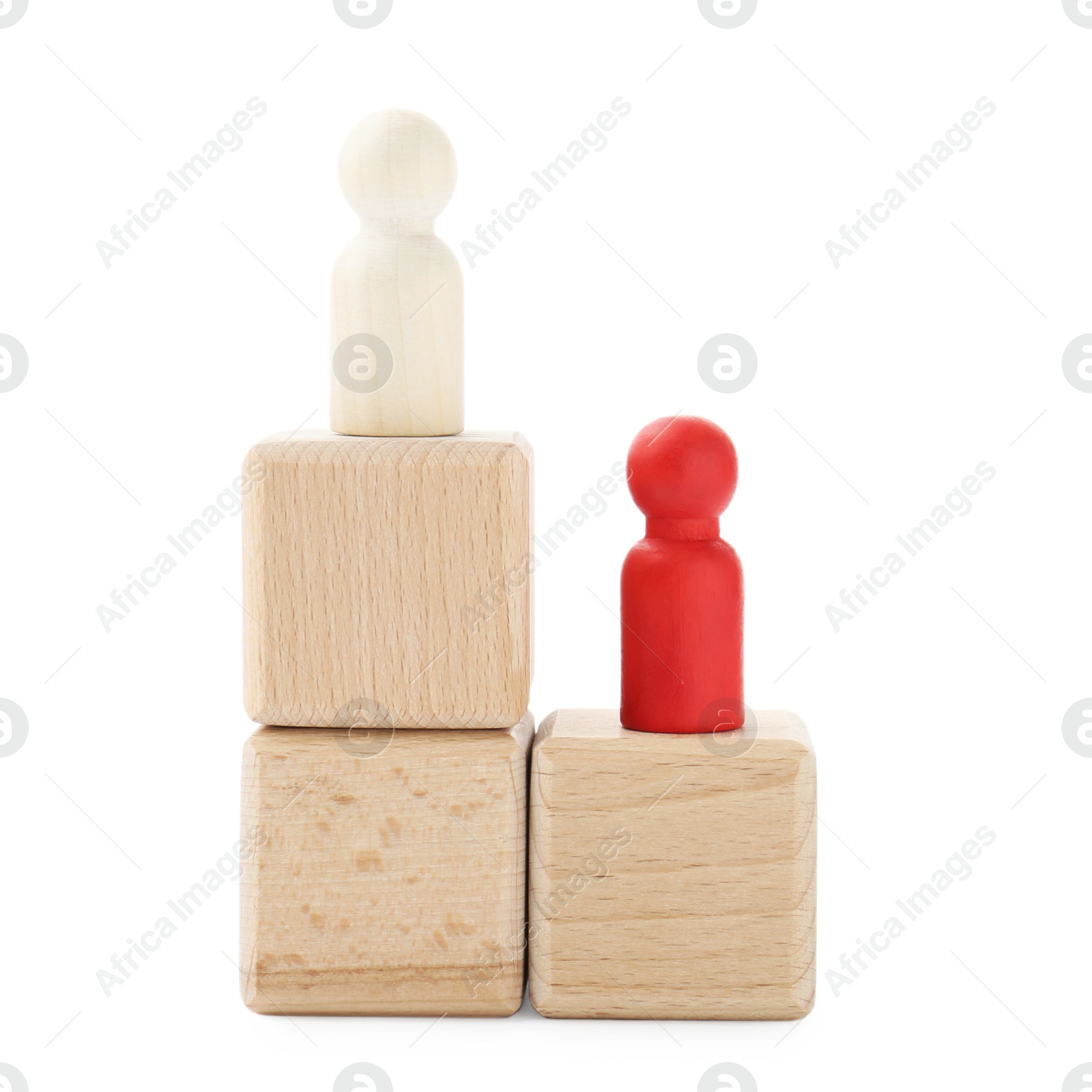 Photo of Human figures on wooden blocks against white background. Competition concept