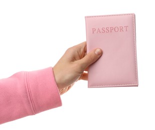 Photo of Woman holding passport in bright cover on white background, closeup