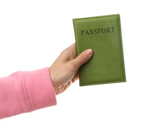 Photo of Woman holding passport in bright cover on white background, closeup