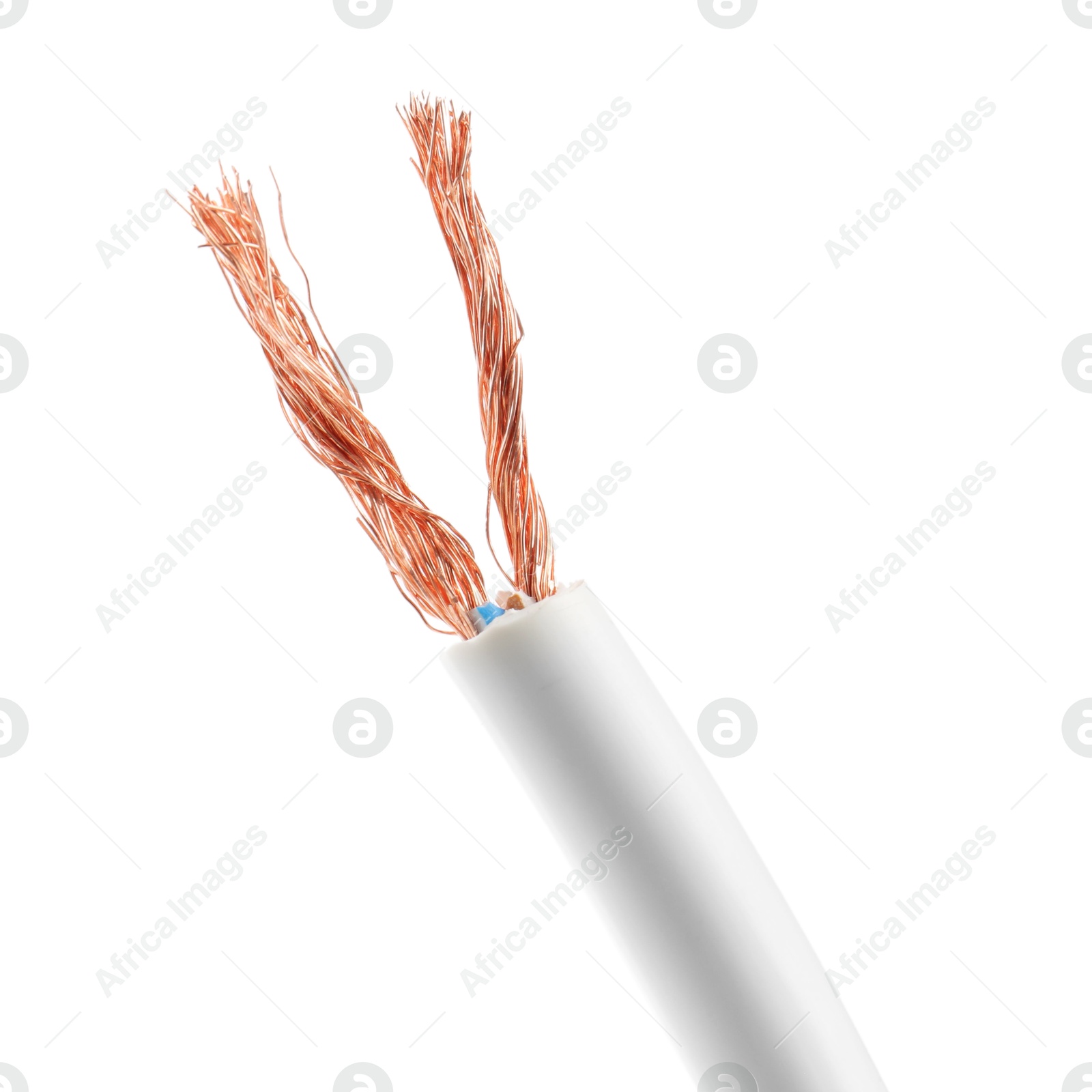 Photo of Stripped electrical wire with copper strands isolated on white