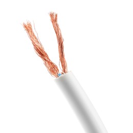 Photo of Stripped electrical wire with copper strands isolated on white