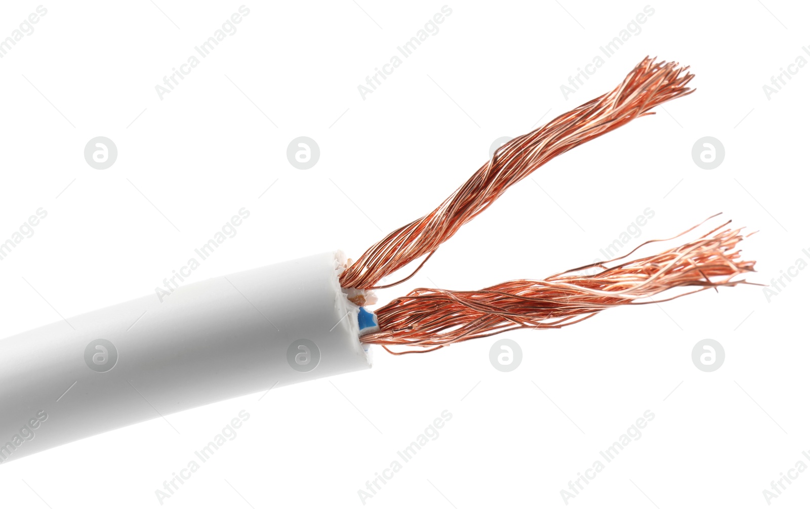 Photo of Stripped electrical wire with copper strands on white background