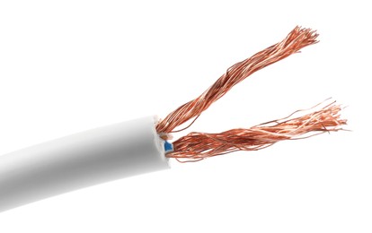 Photo of Stripped electrical wire with copper strands on white background