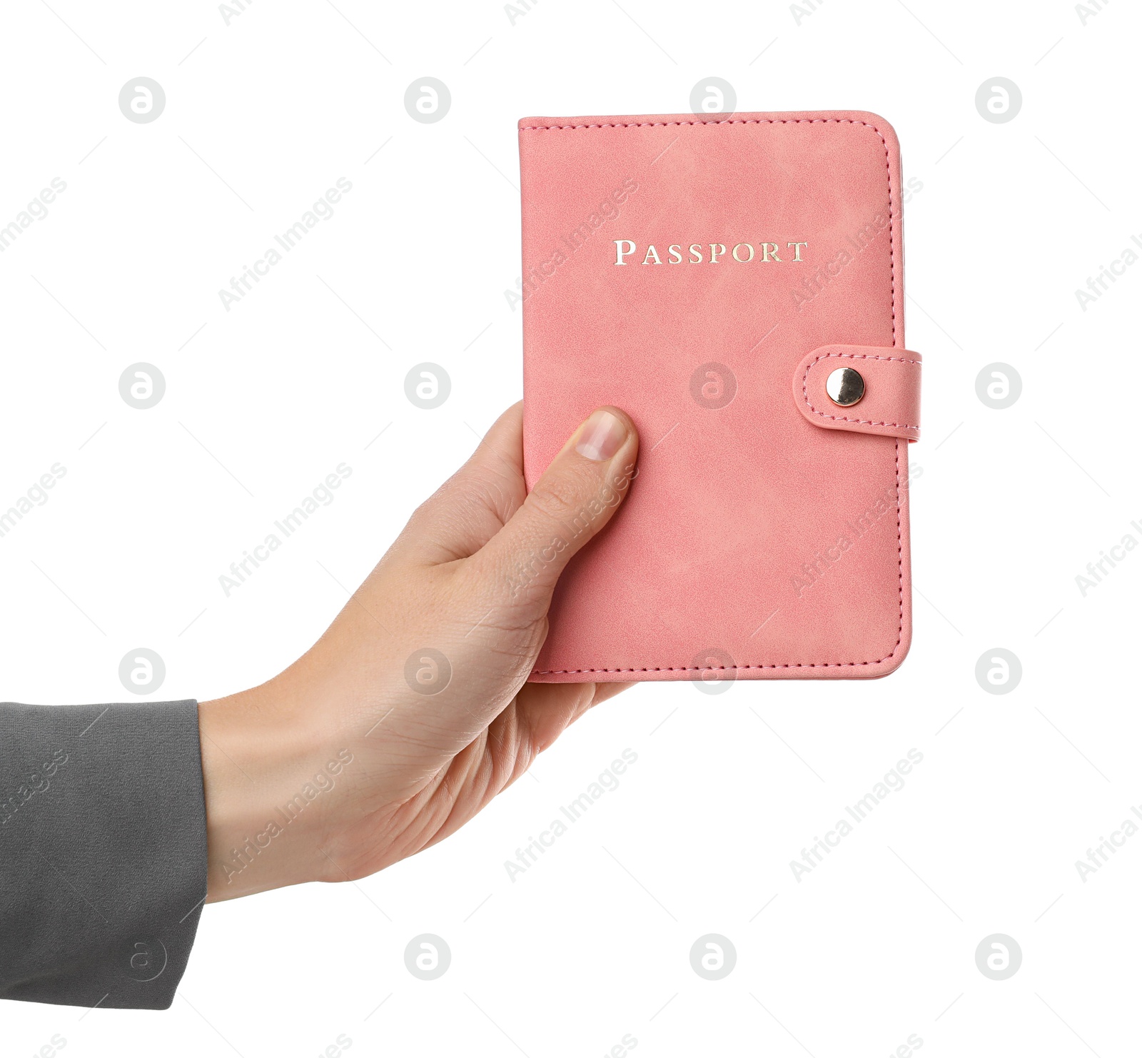 Photo of Woman holding passport in bright cover on white background, closeup