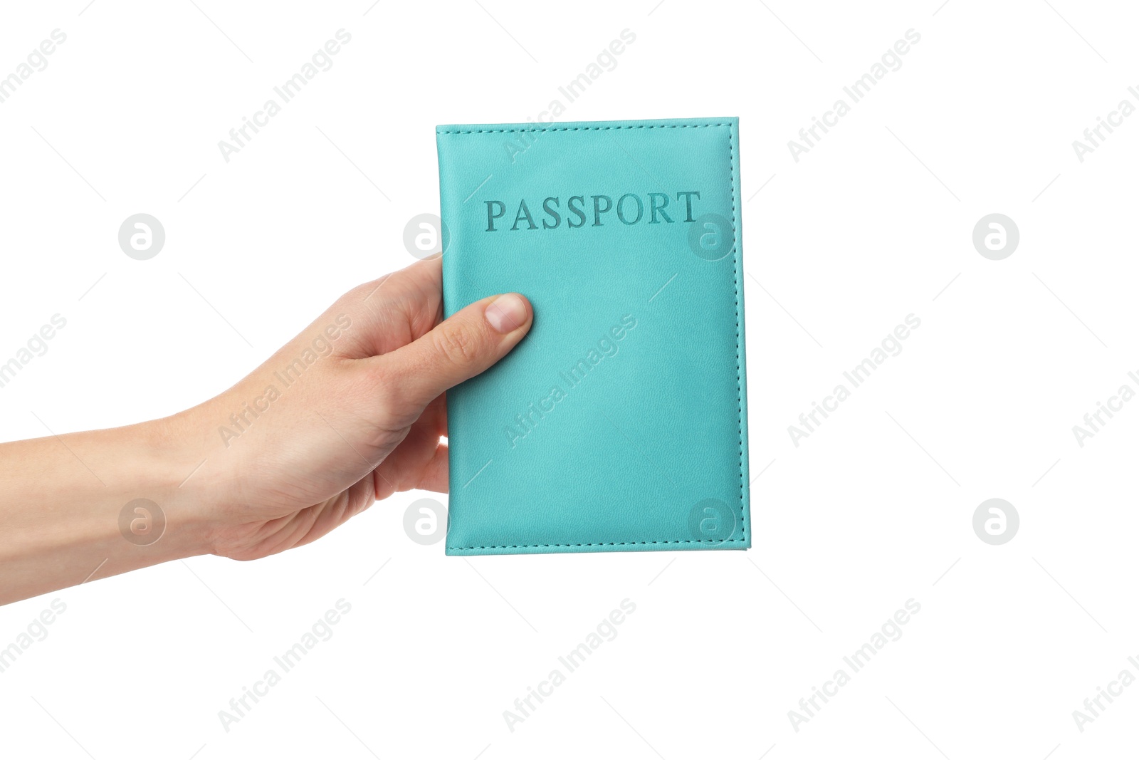 Photo of Woman holding passport in bright cover on white background, closeup