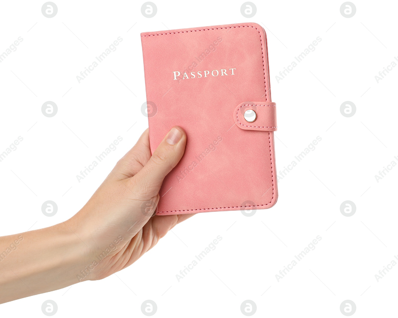 Photo of Woman holding passport in bright cover on white background, closeup