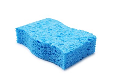 Photo of One blue sponge isolated on white. Cleaning tool