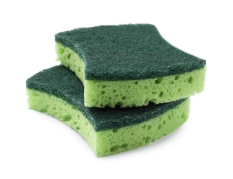 Photo of Green sponges isolated on white. Cleaning tool