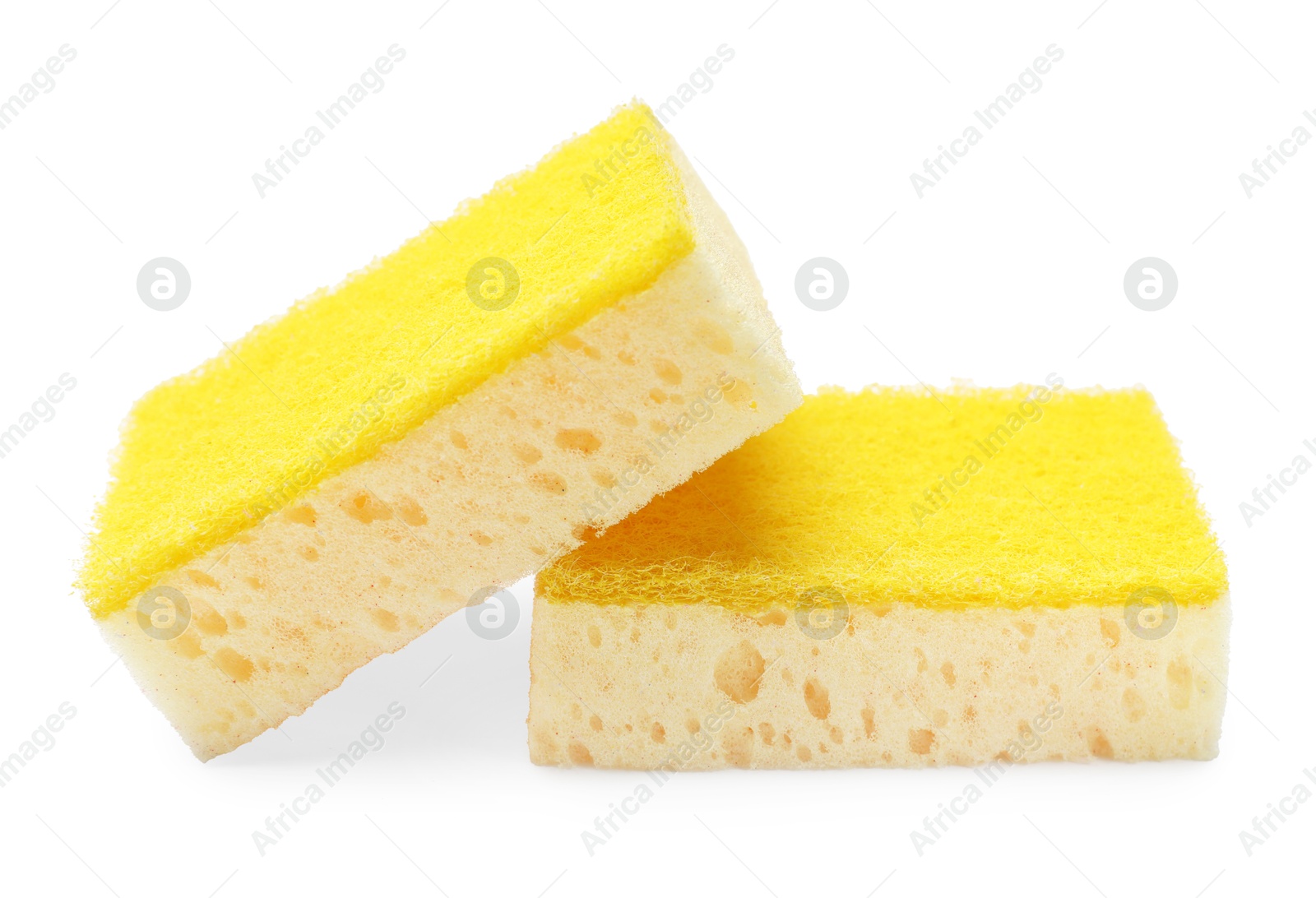 Photo of Yellow sponges isolated on white. Cleaning tool