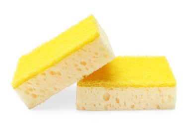 Photo of Yellow sponges isolated on white. Cleaning tool