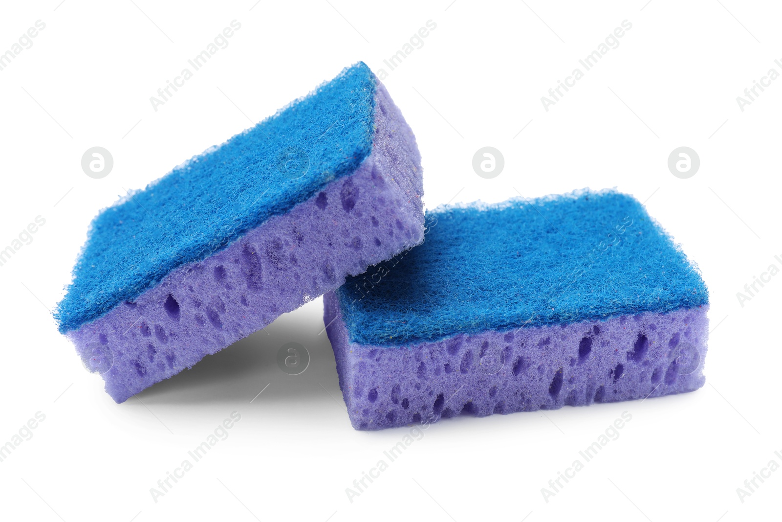 Photo of Purple sponges isolated on white. Cleaning tool