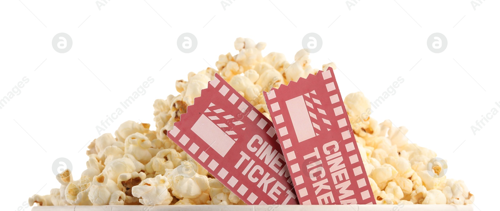 Photo of Tasty popcorn and movie tickets isolated on white