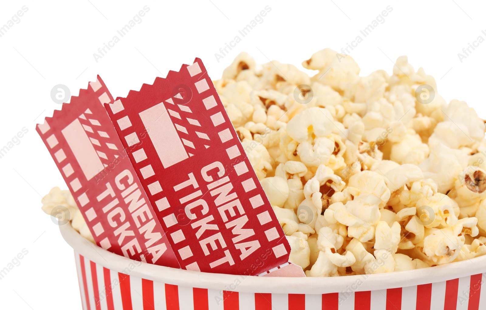 Photo of Tasty popcorn and movie tickets isolated on white