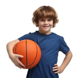 Little boy with basketball ball on white background