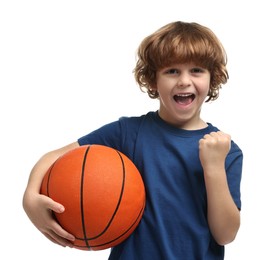 Emotional little boy with basketball ball on white background