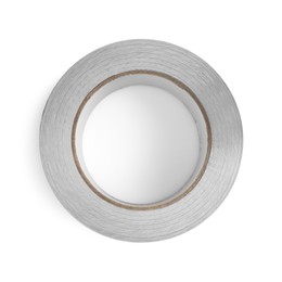 Photo of Roll of silver adhesive tape isolated on white, top view