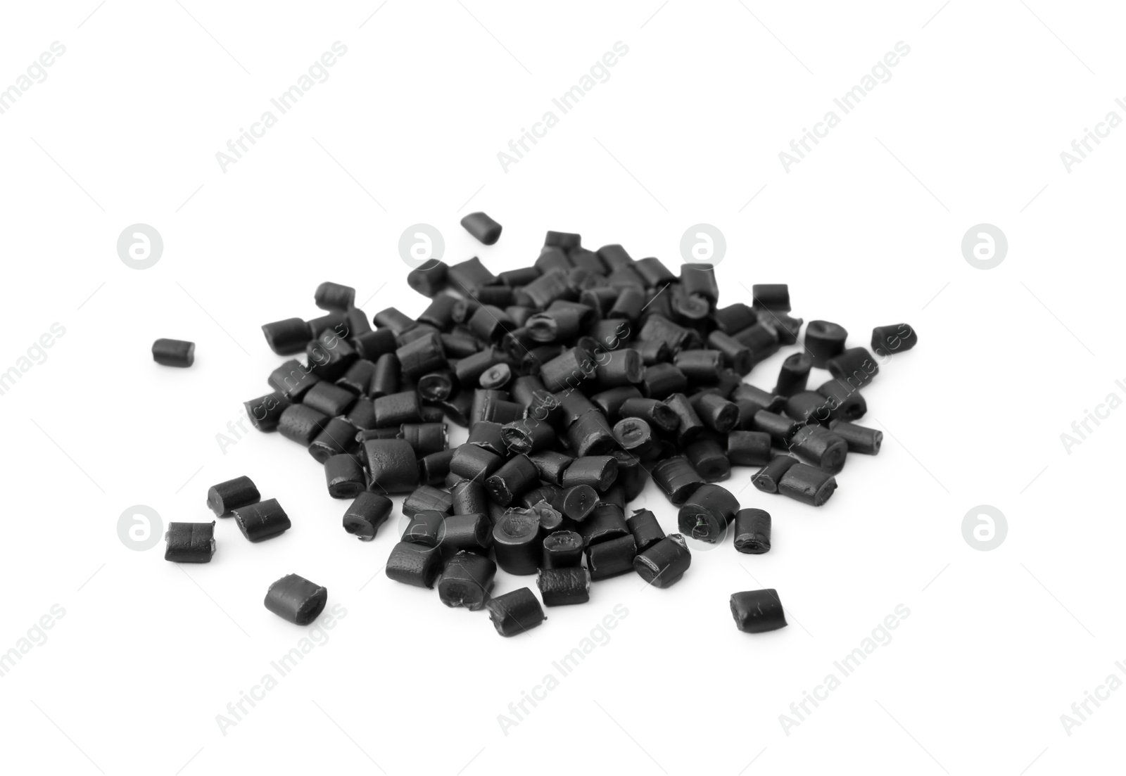 Photo of Pile of black plastic granules isolated on white