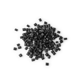 Photo of Pile of black plastic granules isolated on white, top view