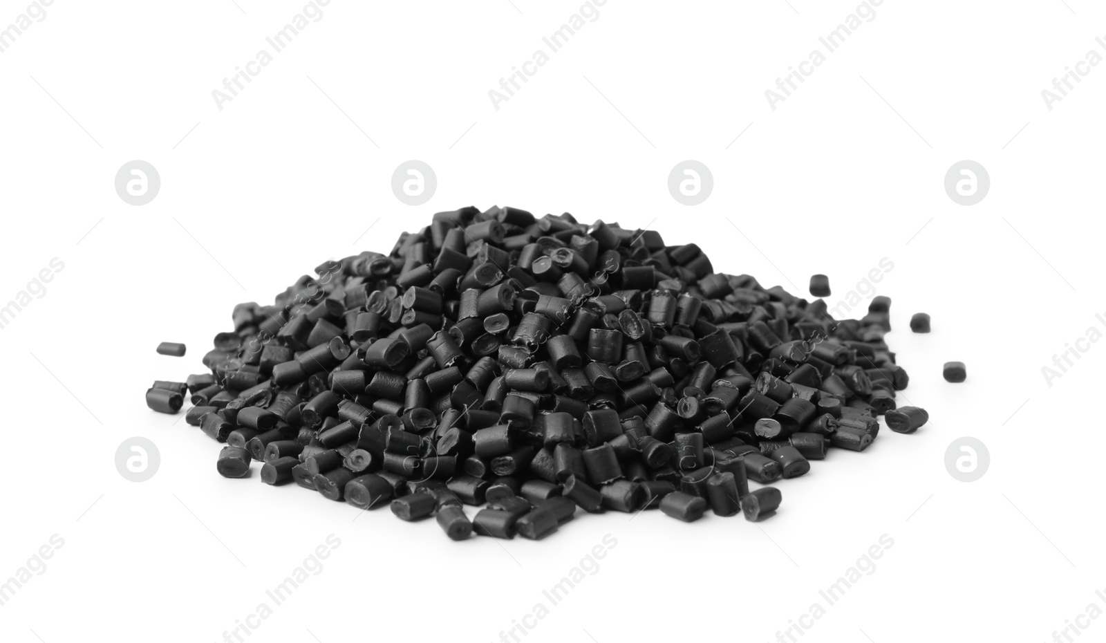 Photo of Pile of black plastic granules isolated on white