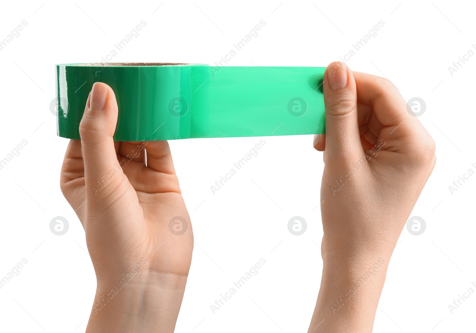 Photo of Woman with roll of green adhesive tape on white background, closeup