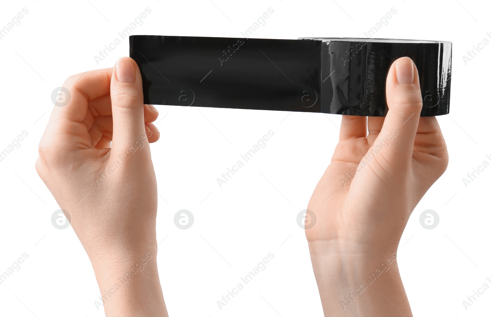 Photo of Woman with roll of black adhesive tape on white background, closeup