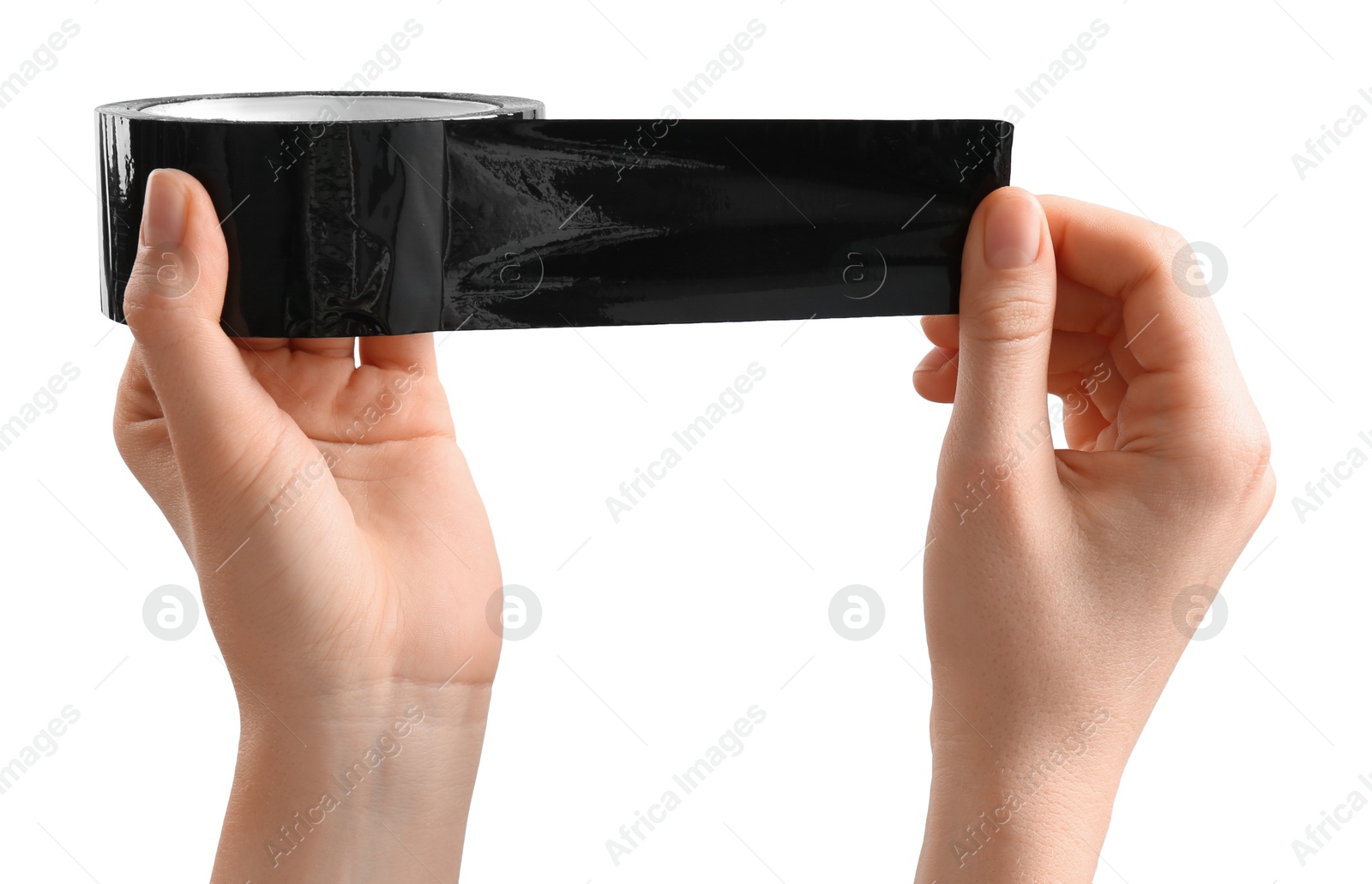 Photo of Woman with roll of black adhesive tape on white background, closeup