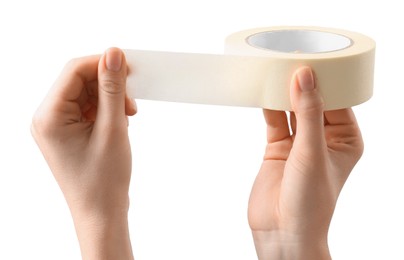 Photo of Woman with roll of masking tape on white background, closeup