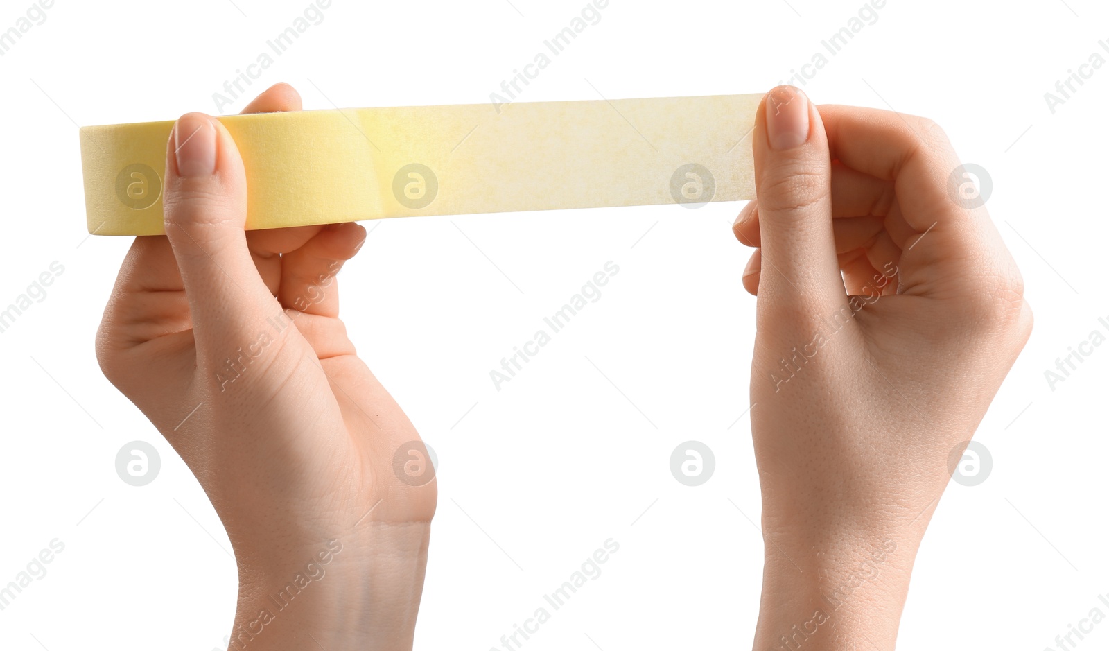 Photo of Woman with roll of masking tape on white background, closeup