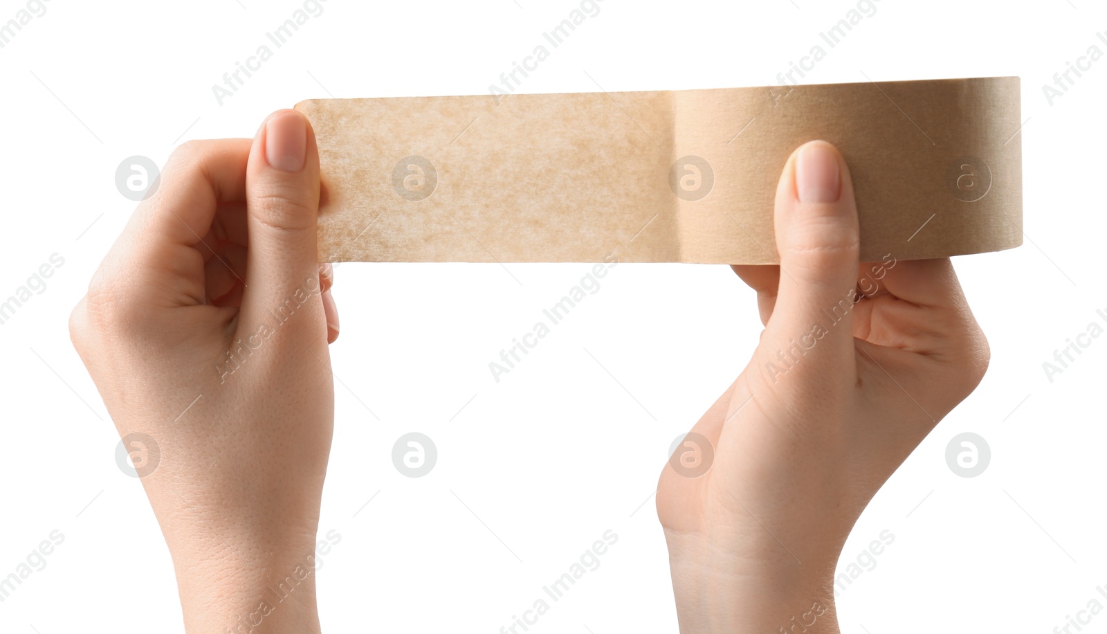 Photo of Woman with roll of masking tape on white background, closeup