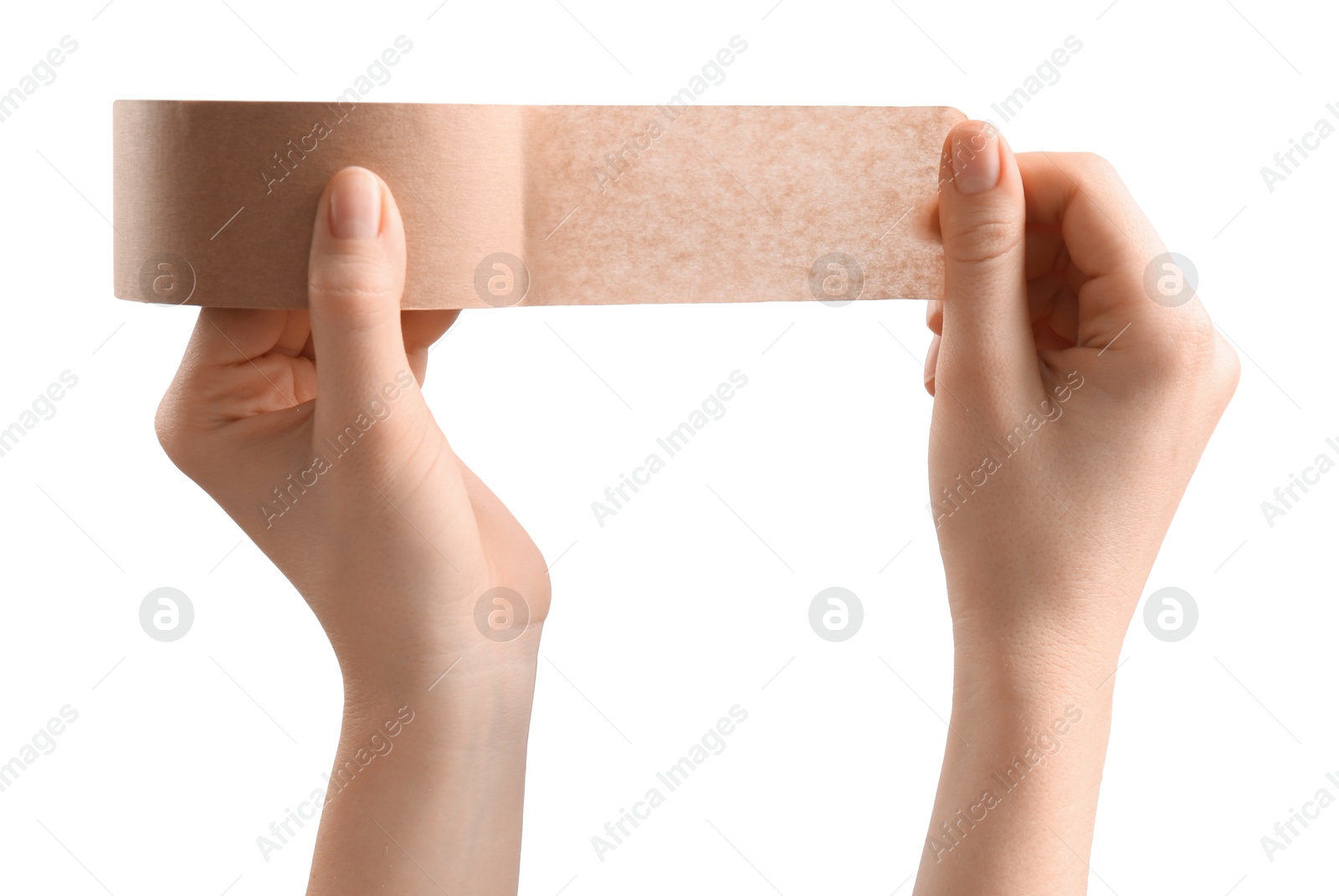 Photo of Woman with roll of masking tape on white background, closeup