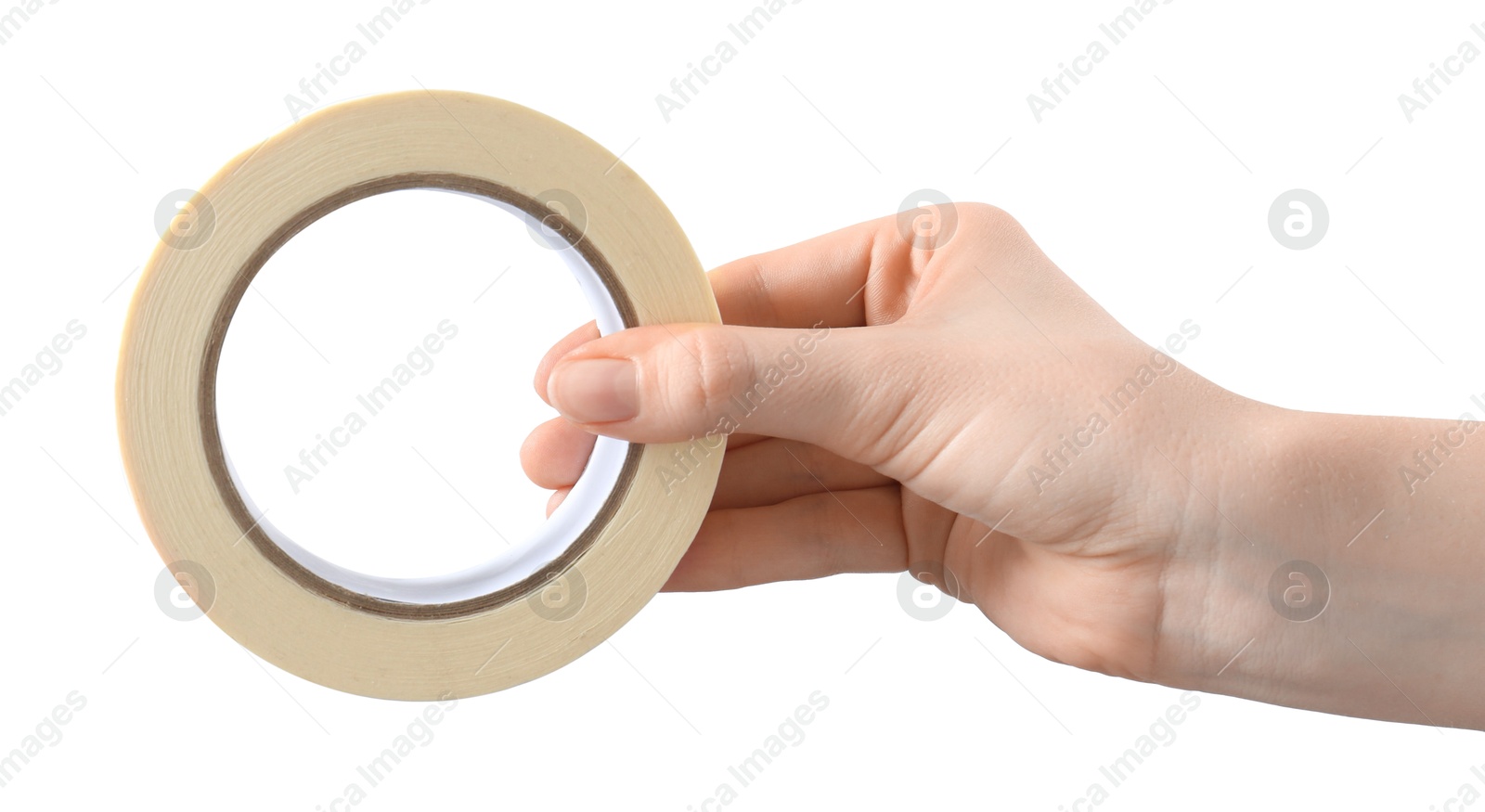 Photo of Woman with roll of masking tape on white background, closeup