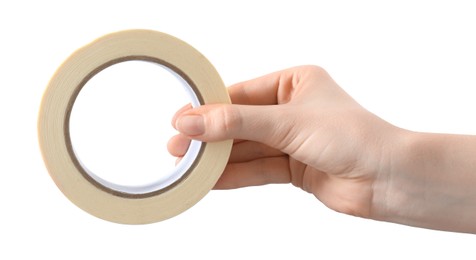 Woman with roll of masking tape on white background, closeup