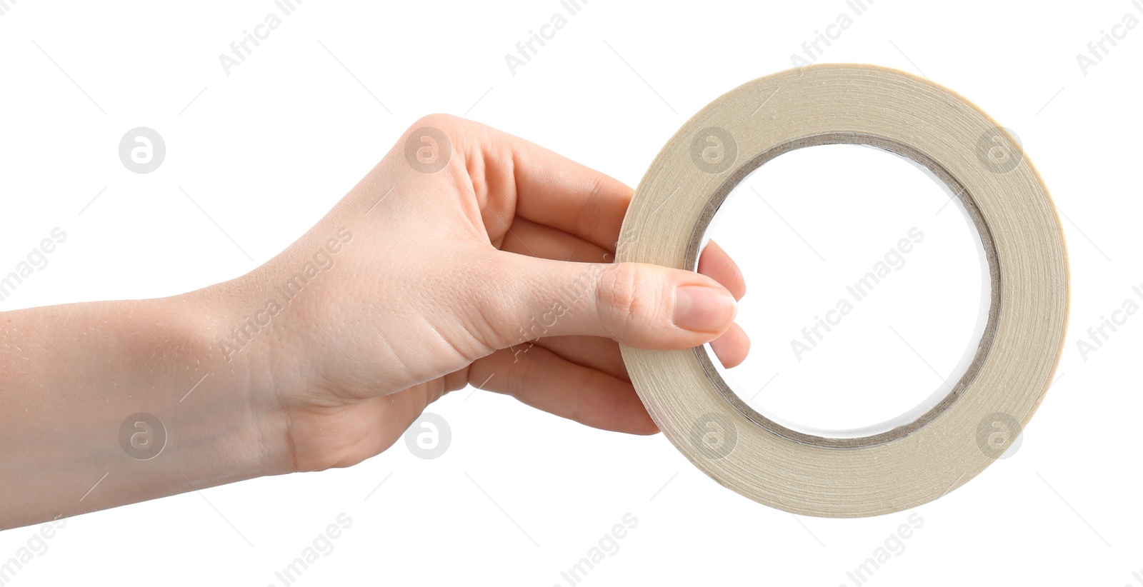 Photo of Woman with roll of masking tape on white background, closeup