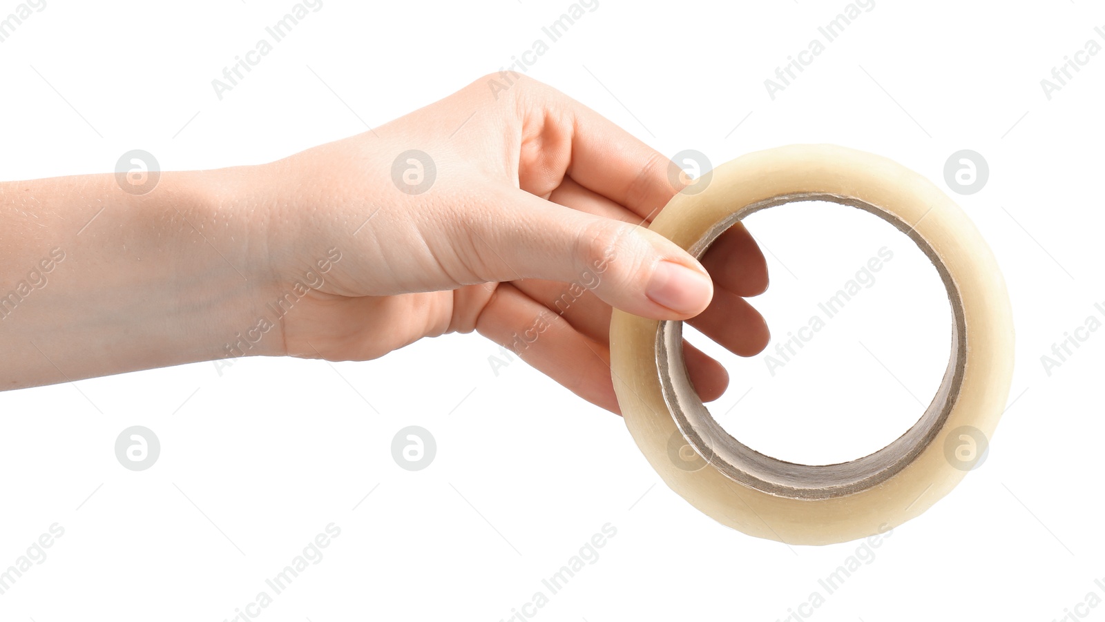 Photo of Woman with roll of adhesive tape on white background, closeup