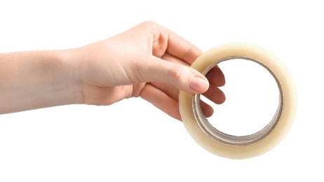 Photo of Woman with roll of adhesive tape on white background, closeup