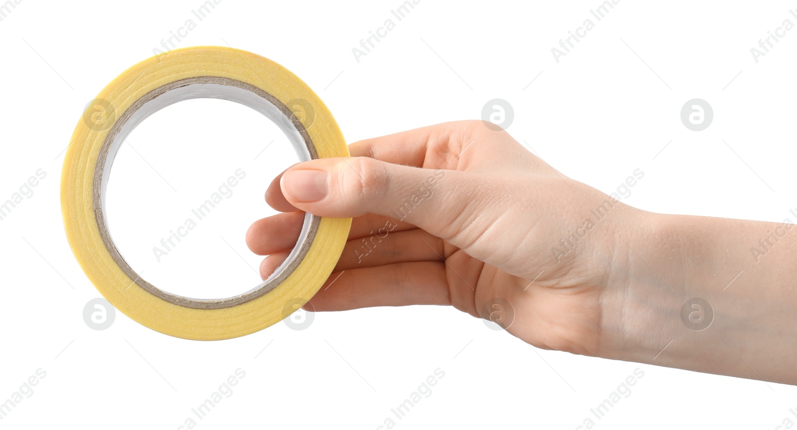 Photo of Woman with roll of masking tape on white background, closeup