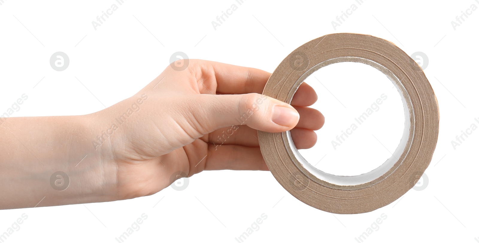 Photo of Woman with roll of masking tape on white background, closeup