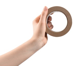 Photo of Woman with roll of masking tape on white background, closeup