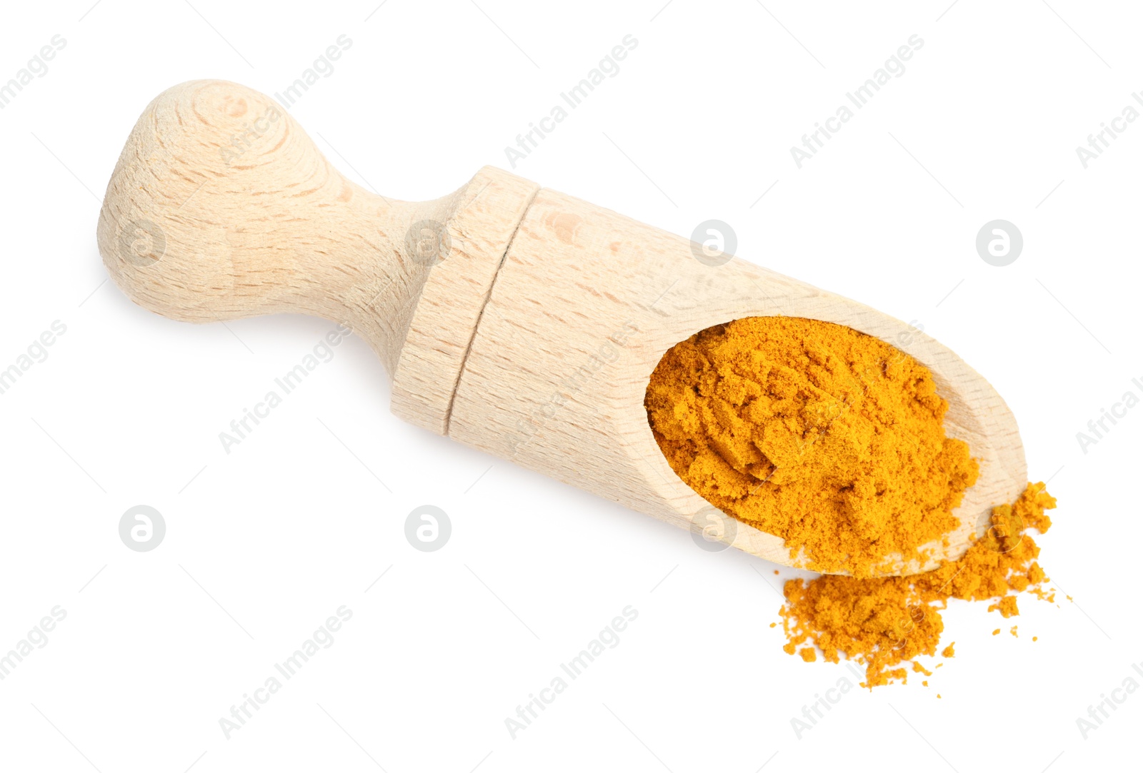 Photo of Turmeric powder in wooden scoop isolated on white, top view