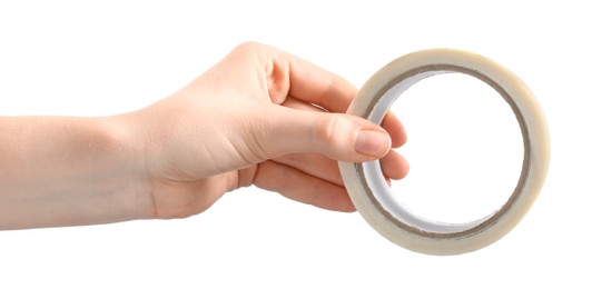 Woman with roll of masking tape on white background, closeup