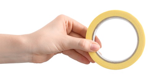 Photo of Woman with roll of masking tape on white background, closeup